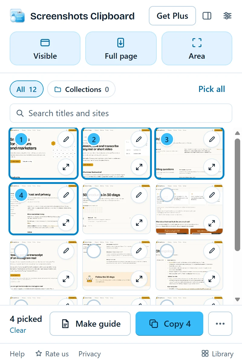 The Screenshots Clipboard popup with 12 shots, four of them picked and numbered 1 to 4, above the Make guide and Copy 4 buttons